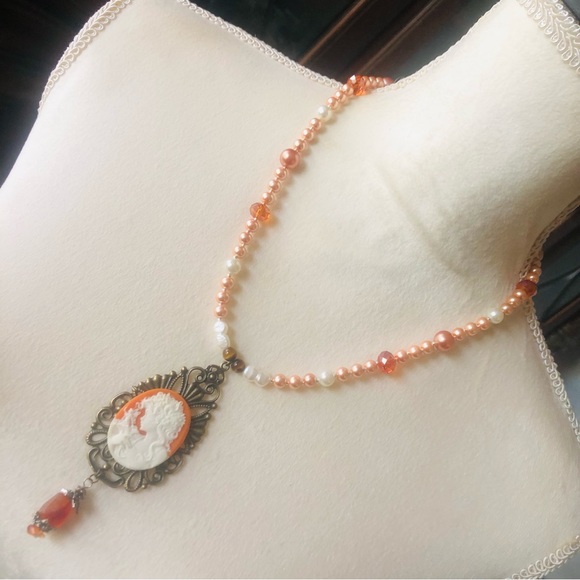 Handcrafted whimsical lady cameo pendant Czech glass Pearl stone pearl necklace